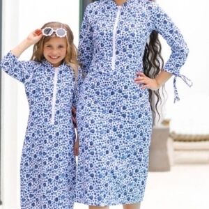 Dainty Jewells Weekend At Charleston Blue Floral Swim Dress Zip-Front Midi Dress